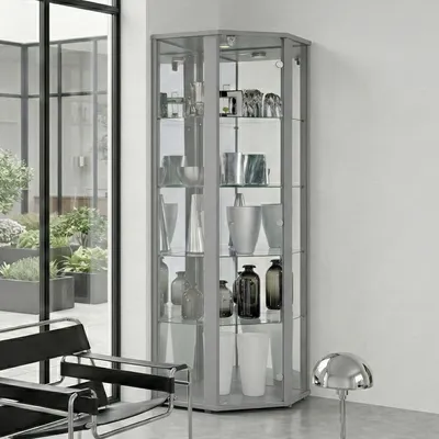 Produktbild von K-Mšbel Eckvitrine in Alu / Silber (176x56,5x56,5 cm) mit 4 Glasbšden, Schloss, Spiegel & LED - Modellauto Vitrine Silber - Vitrinenschrank Alu - Sammlervitrine - Wohnzimmerschrank Glasvitrine Glas