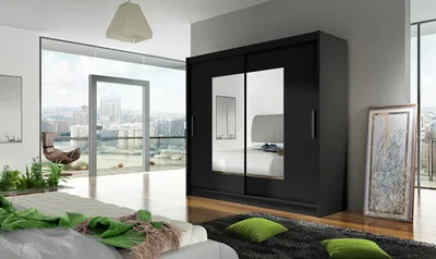 Produktbild von Geräumiger Kleiderschrank mit Spiegel Mona – Breite 180 cm, schwarz