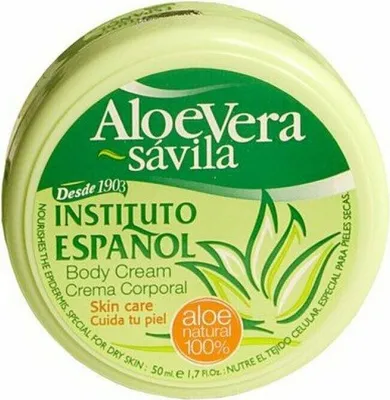 A close-up of a round container of body cream with aloe vera branding.