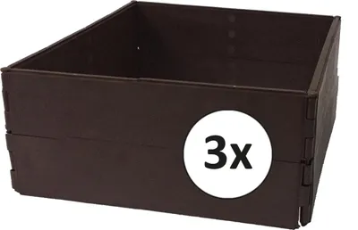 A brown raised garden bed with a white circle containing "3x" on its side.