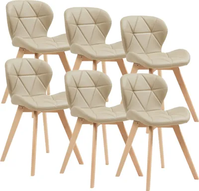 A set of six beige dining chairs with wooden legs, arranged in two rows.