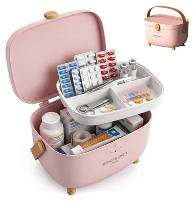 Immagine prodotto di Relaxdays Cassetta dei medicinali, 4 scomparti, inserto rimovibile, cassetta per la farmacia domestica, plastica, maniglia, A x L x P: 18 x 28 x 20 cm, rosa