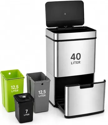 Imagen del producto de Contenedor de basura con 4 compartimentos, cubo de basura eléctrico con sensor, sistema de separación de residuos, cubo de basura para la cocina con cierre suave, ideal para cocina u oficina (72 litros). Dirk