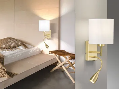 Produktbild von LED Wandleuchte Messing mit Leselampe & Stoffschirm Weiß - Bettleuchte Leselicht