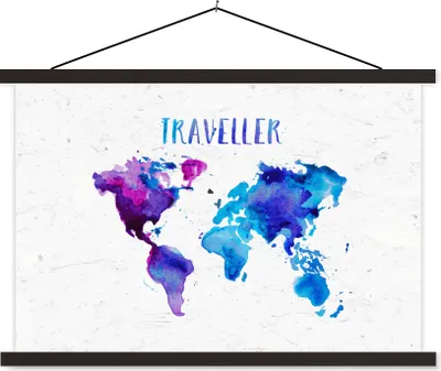 Produktbild von MuchoWow® Textilposter Weltkarte - Sprichwörter - Aquarelle 90x60 cm mit schwarzem Rahmen - Aufhängungssatz
