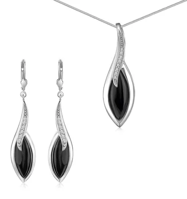 Produktbild von MATERIA Onyx Schmuckset Schlangenkette + 925 Silber Ohrhänger Zirkonia & Anhänger rhodiniert + Schmuckbox