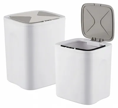 Produktbild von Relaxdays Mülleimer mit Sensor, 2er Set, 14 & 16 Liter, elektrischer Deckel, Beutelhalter, Abfalleimer Küche, Bad, creme