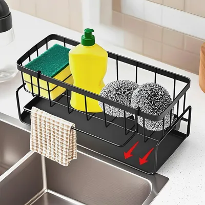 Produktbild von Spüle Küchen Organizer, Spülbecken Organizer Schwarz, Schwammhalter Spüllappenhalter, Küchen Organizer Spüle mit Abtropfschale, Badezimmer Spüle Organizer mit Spültuchhalter für Küchen Duschraum