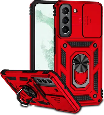 Produktbild von Galaxy S22+ 5G Hülle mit Schiebe Kamera Schutz und Ringhalter Ständer Robust Rüstung Schutzhülle für Samsung Galaxy S22 Plus 5G Rot