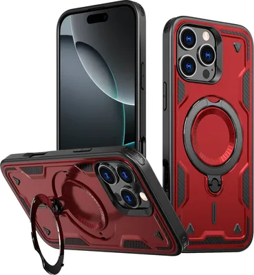 Produktbild von Dual Layer Hülle für iPhone 16 Pro Max Metall Ring Ständer Magnetisch Stoßfest Militär Handyhülle Rot