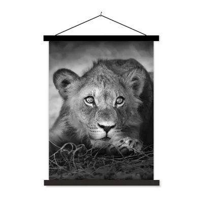 Produktbild von MuchoWow® Textilposter Wildtiere - Löwe - Natur - Schwarz - Weiß 40x53 cm mit schwarzem Rahmen - Abbildung