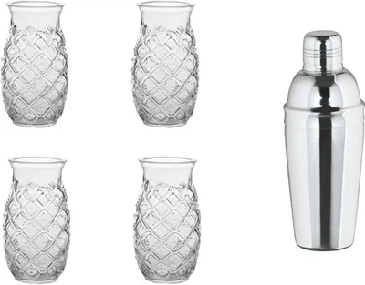 Produktbild von James Cooke Pina Colada Cocktailset, 5 teilig, bestehend aus 4 Mixgläser 50,5cl für Cocktails + 1 Shaker  0,7 Liter Edelstahl, spülmaschinenfest