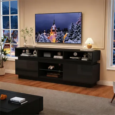 Produktbild von 160*35*60 cm großer TV-Ständer für das Wohnzimmer, flache TV-Halterung mit Ablage aus gehärtetem Glas.lowboards mit Hochglanz, LED-Wohnzimmerschrank,MDF, geeignet für 60-Zoll-Fernseher,Schwarz