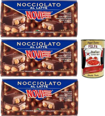Produktbild von Novi Nocciolato al Latte, Milch Schokolade riegel mit ganzen Haselnüssen, milk chocolate bar with whole hazelnuts 3x 130g + Italian Gourmet polpa 400g