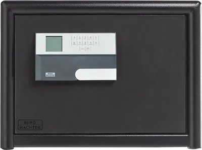 A black safe with a digital keypad and screen.