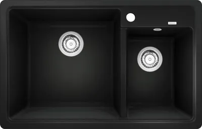A top-down view of a black double kitchen sink.