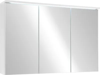 A white bathroom cabinet with three mirrored doors and integrated lighting.