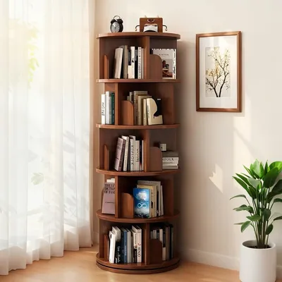 Image de Étagère tournante pour livres, 5 niveaux, rotation à 360°, gain de place, idéale pour les petits espaces, en noyer