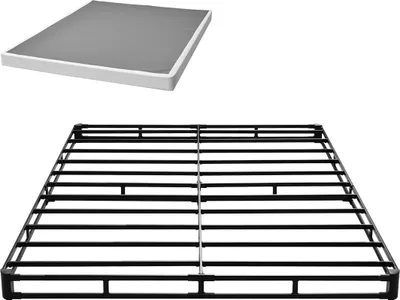 A box spring and a metal bed frame are shown against a white background.