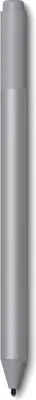 A silver stylus pen with a pointed tip, casting a shadow on a white and light gray background.