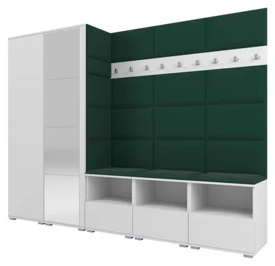 Produktbild von Garderobe NELA VII 250 cm Modulare Flurmöbel XL Weiß mit Spiegel & Sitzpolster Flaschengrün 28 (Universell)
