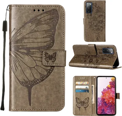 Produktbild von Galaxy S20 FE 4G Hülle, Schmetterling Prägung Flip Leder Kartenfächer Schutzhülle Ledertasche mit Ständer für Samsung Galaxy S20 FE 4G / 5G Grau