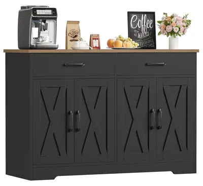 Image de Buffet de cuisine - Buffet 120 cm - 2 tiroirs, 4 portes - Structure en bois - Style moderne et minimaliste - Pour la cuisine et le salon - Noir