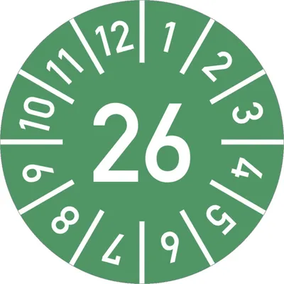 Produktbild von Dreifke® Prüfplakette Jahr 26 mit Monaten, grün, Folie-Spezialkl., Ø 30 mm, 1...
