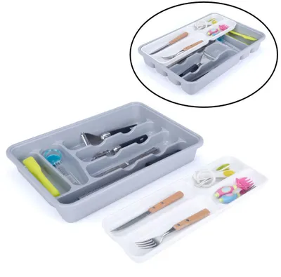 Productafbeelding van Besteklade - 10 Vakken - Bestekbak - Kunstof - Bestekbakken - Keukenla bestek organizer - 29 x 43 x 7 Cm - Wit/Grijs