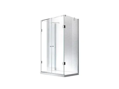 A modern glass shower enclosure with a silver frame, presented on a white background.