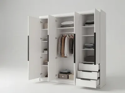 Produktbild von Geräumiger vier-türiger Kleiderschrank KLARI mit Schubladen und Metallgriffen – modernes Design