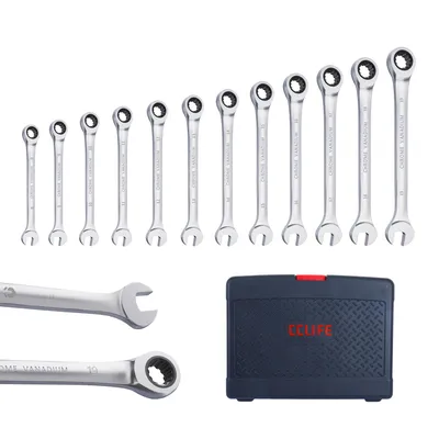 Produktbild von 12tlg Ratschenschlüssel-Satz, Ringratschenschlüssel Gabelschlüssel 8-19mm, Cr-V 72 Zähne, Werkzeug Set für Auto Reparatur, inkl. Kunststoffbox