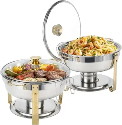 Immagine prodotto di Set da buffet con scaldavivande - Scaldavivande rotondo con coperchio in vetro - Contenitori termici in acciaio inossidabile per catering, feste e buffet - Set da 2 pezzi