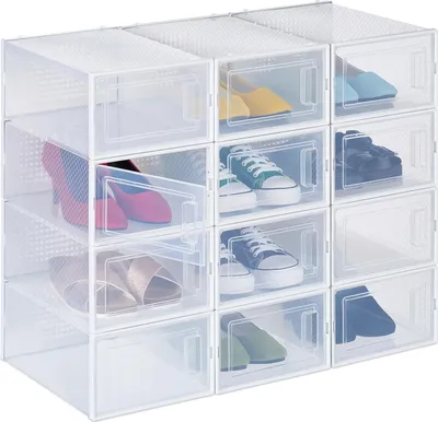 Produktbild von Relaxdays Schuhboxen 12er Pack, mit Tür, Schuhorganizer, stapelbar, Schuhe bis Größe 45, Lüftungsschlitze, transparent