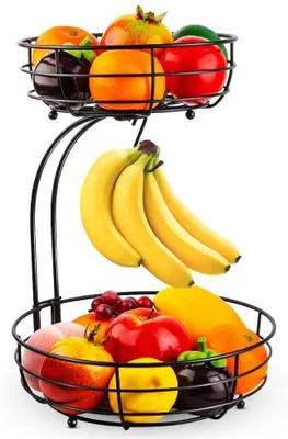 Obstkorb 2 Etagen mit Bananenhalter, Metall, schwarz, 27,94 x 38,1 cm