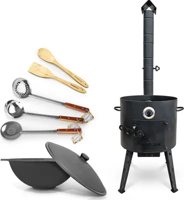 Produktbild von Set - Feuerofen - KasanoFF, 12 Liter, Ø 40 cm, Thermometer, Gusseisenkasan, flacher Boden, Ø 42,5 cm, 12 l, Schaumlöffel: 2 Stk., Schöpfkelle, Spatel,