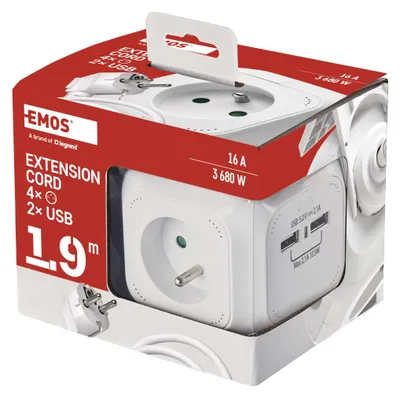 Prodlužovací kabel - kostka 1,9 m / 4 zásuvky / bílý / PVC / s USB / 1 mm2