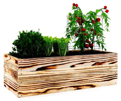Produktbild von Hochbeet aus Holz 80x40x30 cm Geflammt – Pflanzkasten für Gemüse und Kräuter – mit Agrovließ – steckbar und stapelbar – ideal für Garten, Balkon und Terrasse