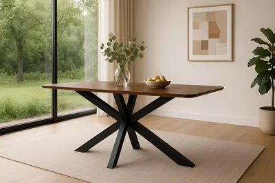 Produktbild von Esstisch Roberto | 160 x 85 cm | Akazienholz massiv & kastanienfarbig | Schweizer Kante & abgerundete Ecken | Spider-Gestell Metall Schwarz