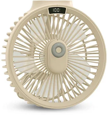 Zdjęcie produktu dla Beżowy wentylator sufitowy z oświetleniem LED, wielofunkcyjny, ładowany przez USB, do użytku na zewnątrz i na kempingu