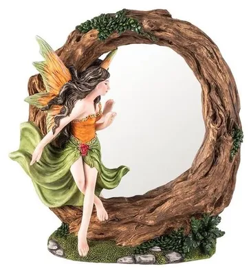 Produktbild von DRW Tischspiegel mit orangefarbener Fee, stehend, aus Kunstharz, handbemalt, 22