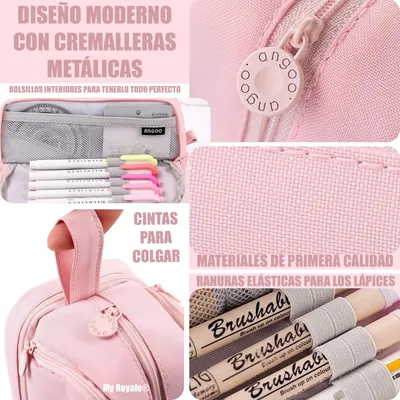 Imagen del producto de Estuche para lápices con 4 compartimentos, gran capacidad, color  y rosa, ideal para la escuela