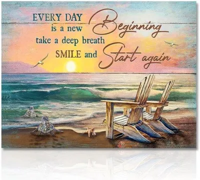 Image de Ibenzoa® Tableau sur toile, motif plage et océan, 30x40 cm (non encadré) – Représentation de tortues, de mouettes et de chaises de plage, avec une citation inspirante, idéal pour la décoration murale de la salle de bain et du salon