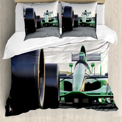Produktbild von ABAKUHAUS Autos Bettbezug, Indy Cars auf Asphaltstraße, Milbensicher Allergiker geeignet mit Kissenbezügen, 155 cm x 220 cm - 80 x 80 cm, Grau-Schwarz-Grün