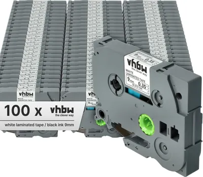 Produktbild von vhbw 100x Schriftband-Kassette kompatibel mit Brother PT 9600, 9400, 900, 9000-Serie, 550, D400, D400VP Etiketten-Drucker 8m x 9mm Schwarz auf Weiß