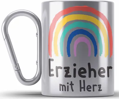 Produktbild von Trendation - Erzieher Edelstahl Tasse Karabiner Geschenk mit Herz Geschenke Abschiedsgeschenk mit Spruch Karabiner Edelstahl Tasse Karabiner Edelstahl Kindergärtner (Silber)