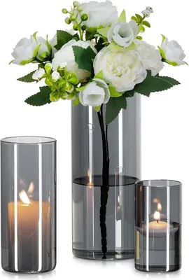 Image de Vase en verre Cylindre Vase Gris Set 3 pièces 10/15/20cm - Vases à fleurs modernes pour décoration de table & salon - Cylindre en verre Photophore