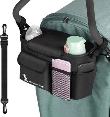 Productafbeelding van Kinderwagentas, Universele Buggy-Organizer met Bekerhouder, Zwart, Luiertas en Kinderwagenaccessoires met Verstelbare Schouderriem