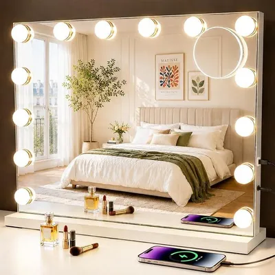 Imagen del producto de Espejo de maquillaje con iluminación, 50x40 cm, gran espejo LED estilo Hollywood. Espejo de tocador con 14 luces LED y puerto USB. Espejo de tocador, espejo de maquillaje, espejo de tocador con aumento