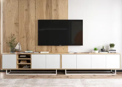 Zdjęcie produktu dla Szafka RTV Loft Komoda RTV Loft Dąb wotan Biały MAT 300 cm zestaw Metalowa Biała rama